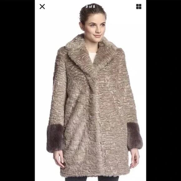 Laundry by Shelli Segal Faux Fur Coat Brown Gray Long Sleeve Small Hook Eye - Picture 3 of 16